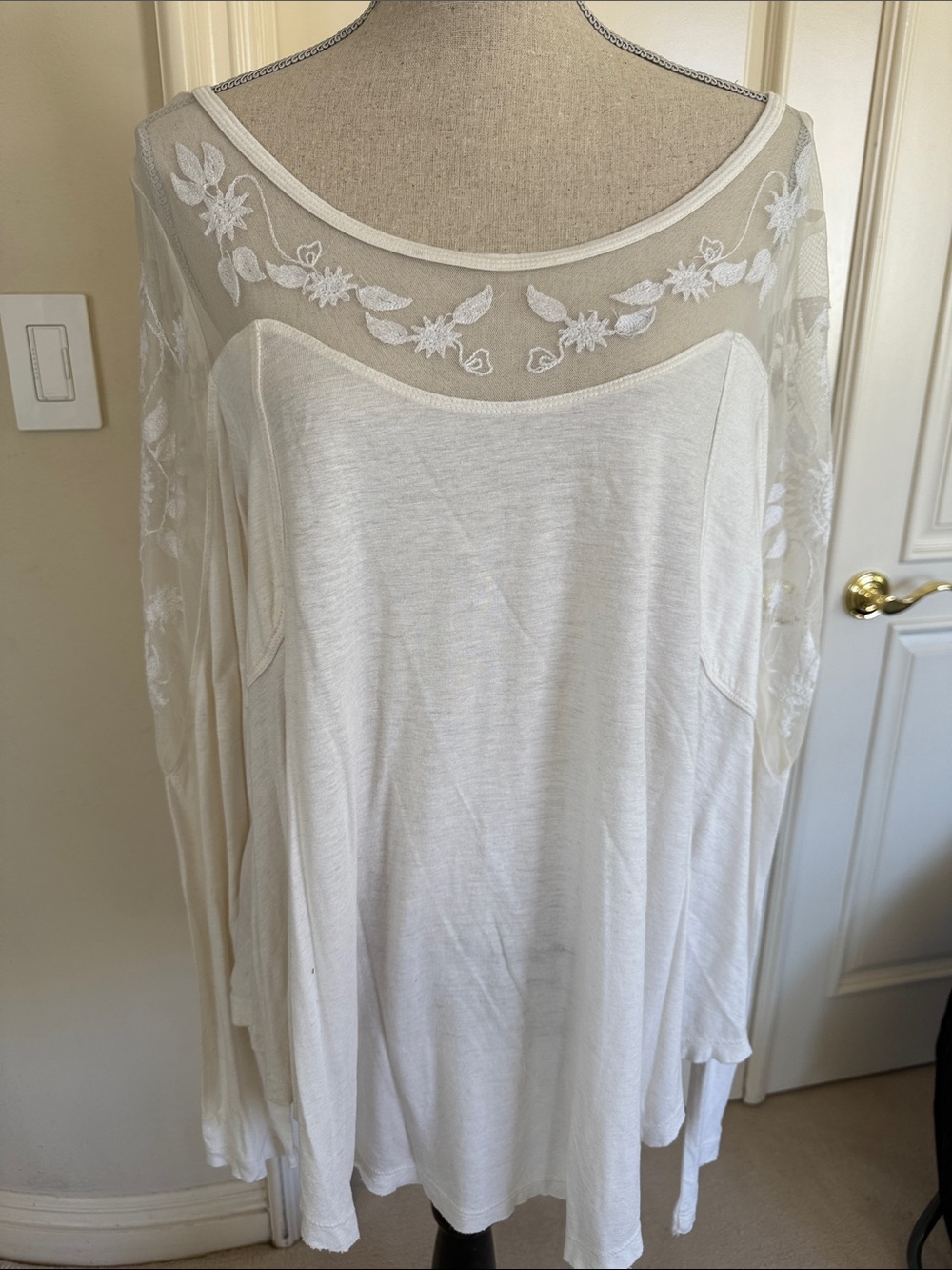 Free People White Embroidered Mesh Yoke Long Sleeve Top